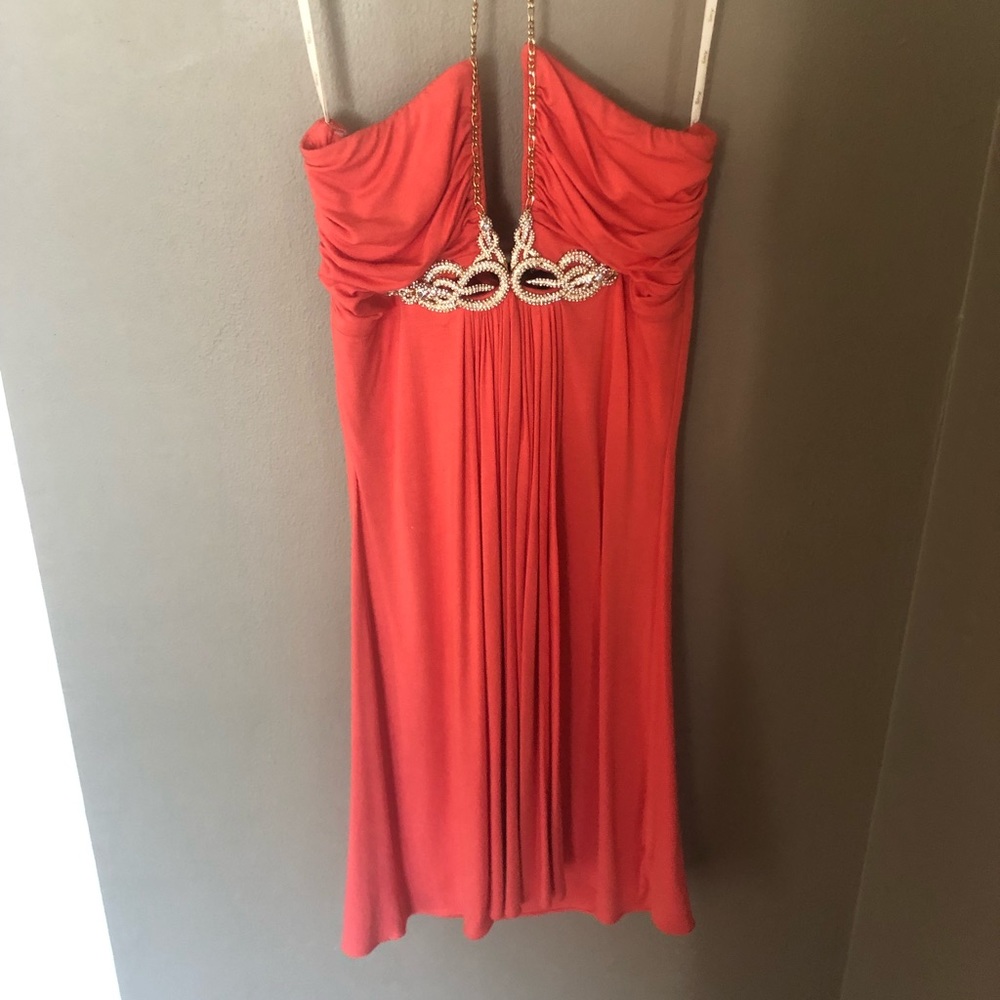 Mini orange dress w/ embellished gold chain detail